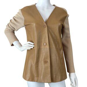 Gianfranco Ferre Italy Genuine Leather Knit Combo Jacket Tan Beige Size IT 42